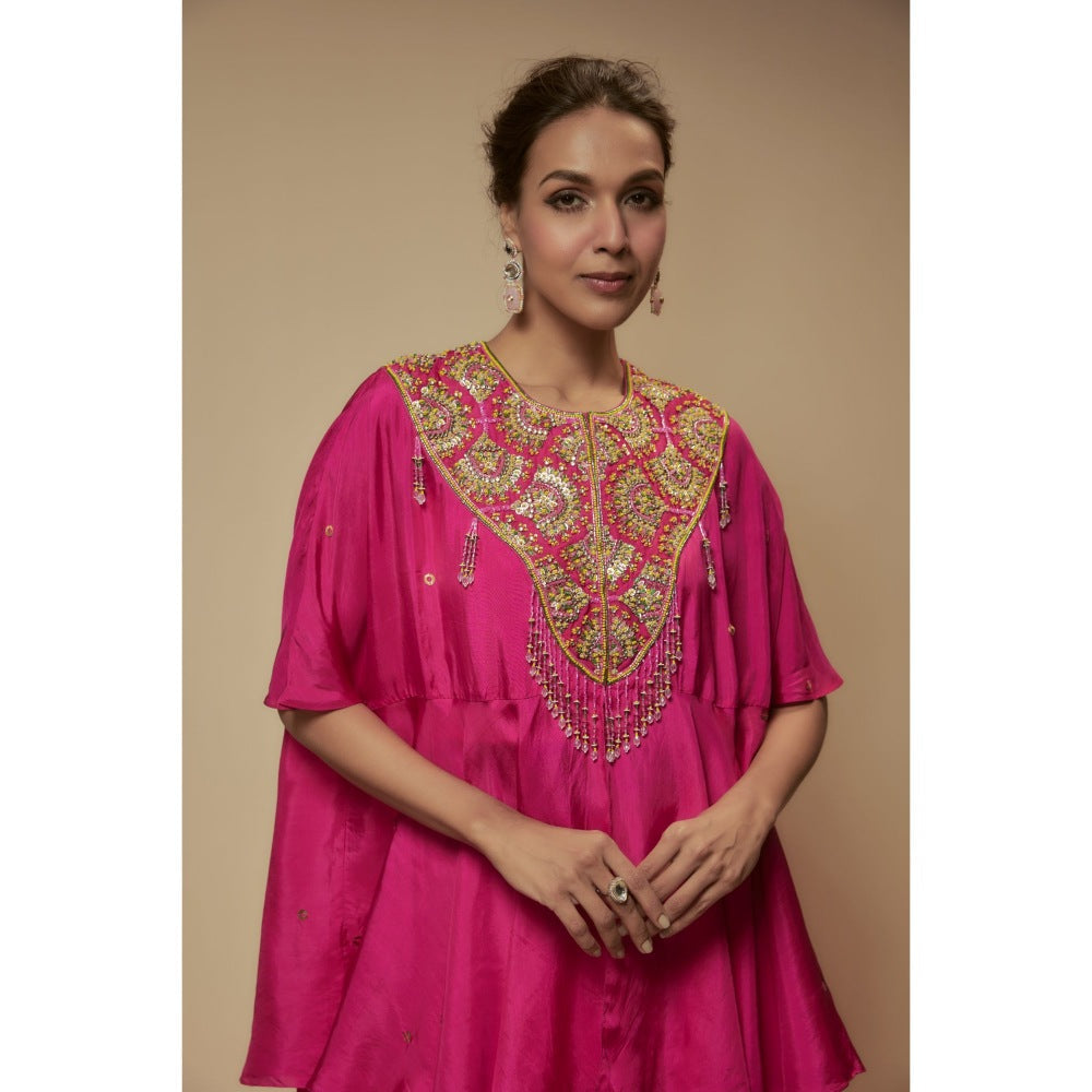 KEITH GOMES Pink Silk Flare Palazzo With Top And Slip (Set of 3)