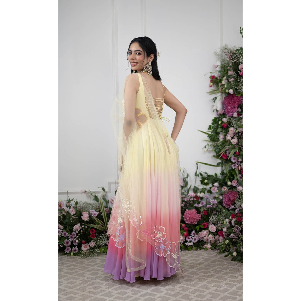 Kiran Kalsi Lemon Yellow Ombre Sequined Anarkali and Dupatta (Set of 2)