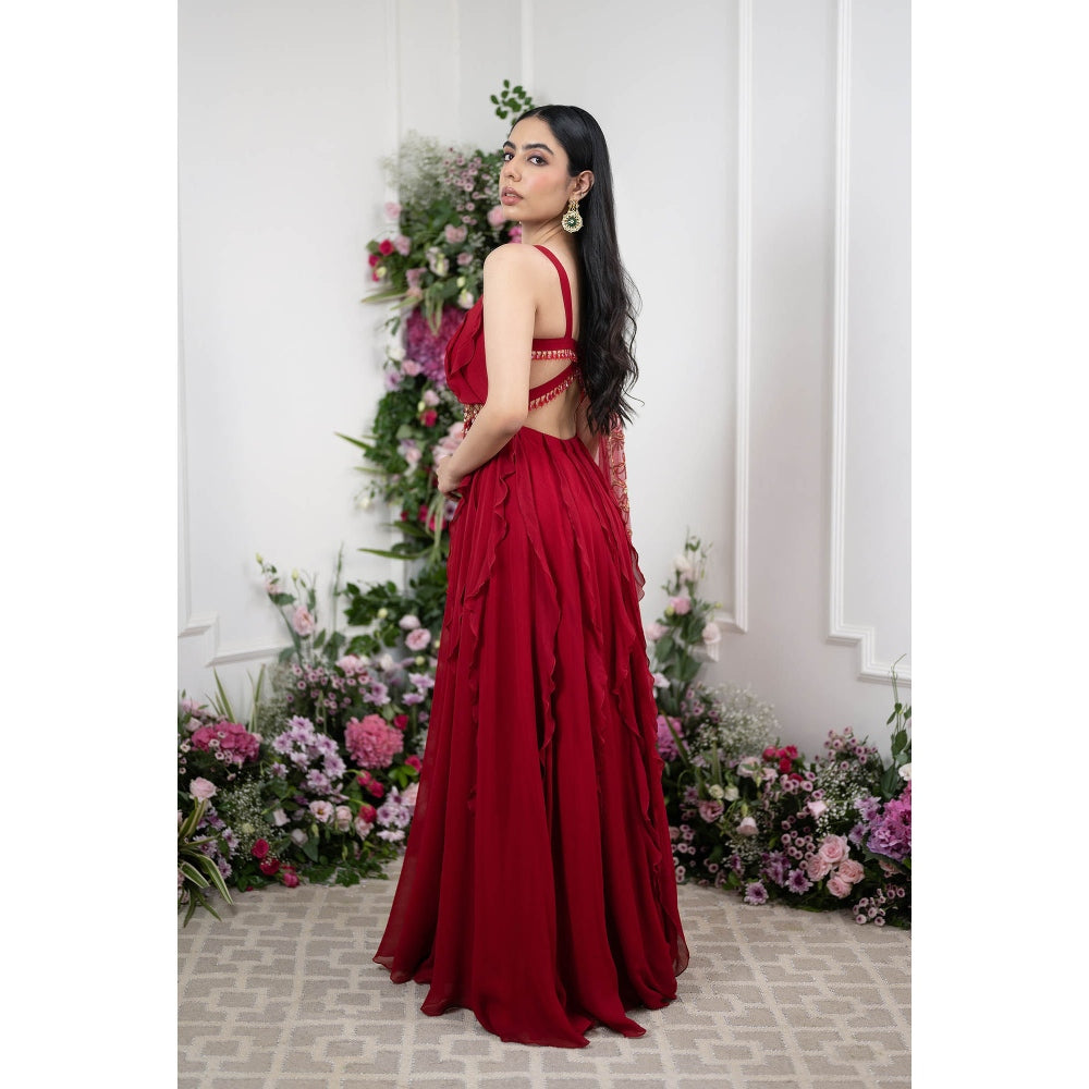 Kiran Kalsi Red Ruffle Sequined Anarkali Kurta and Cutwork Dupatta (Set of 2)