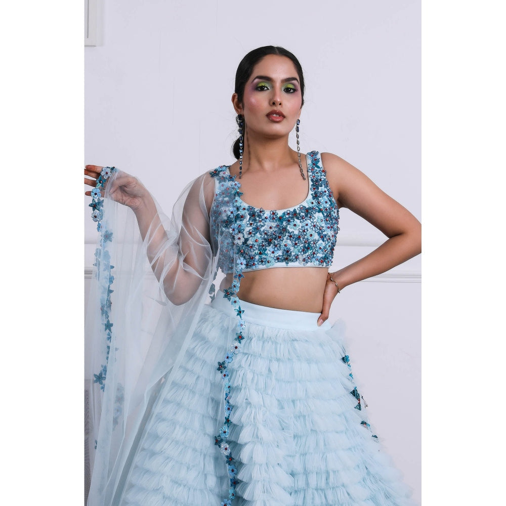 Kiran Kalsi Icy Blue Lehenga with Blouse and Dupatta (Set of 3)