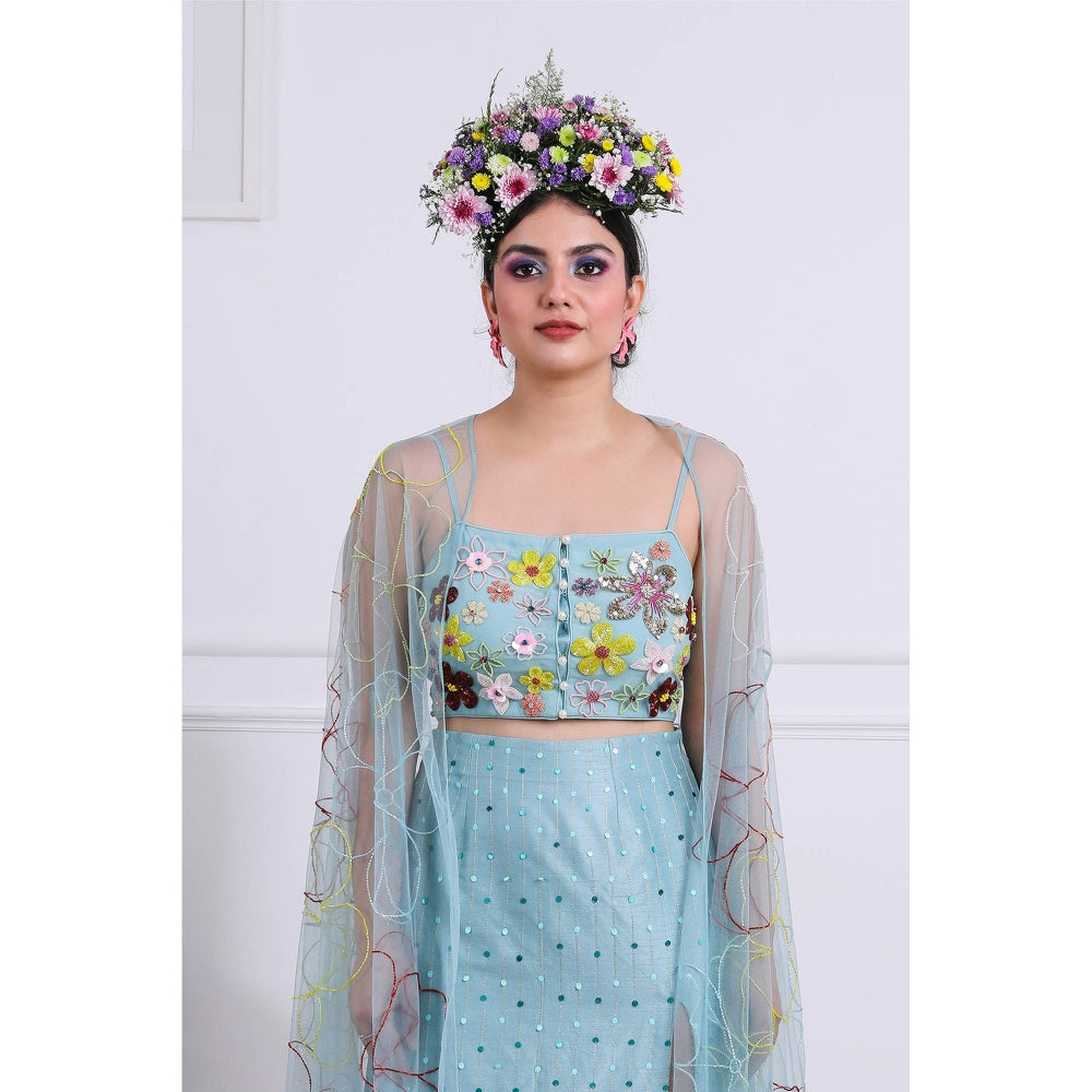 Kiran Kalsi Aqua Blue Sequined Crop Top with Skirt and Cape (Set of 3)