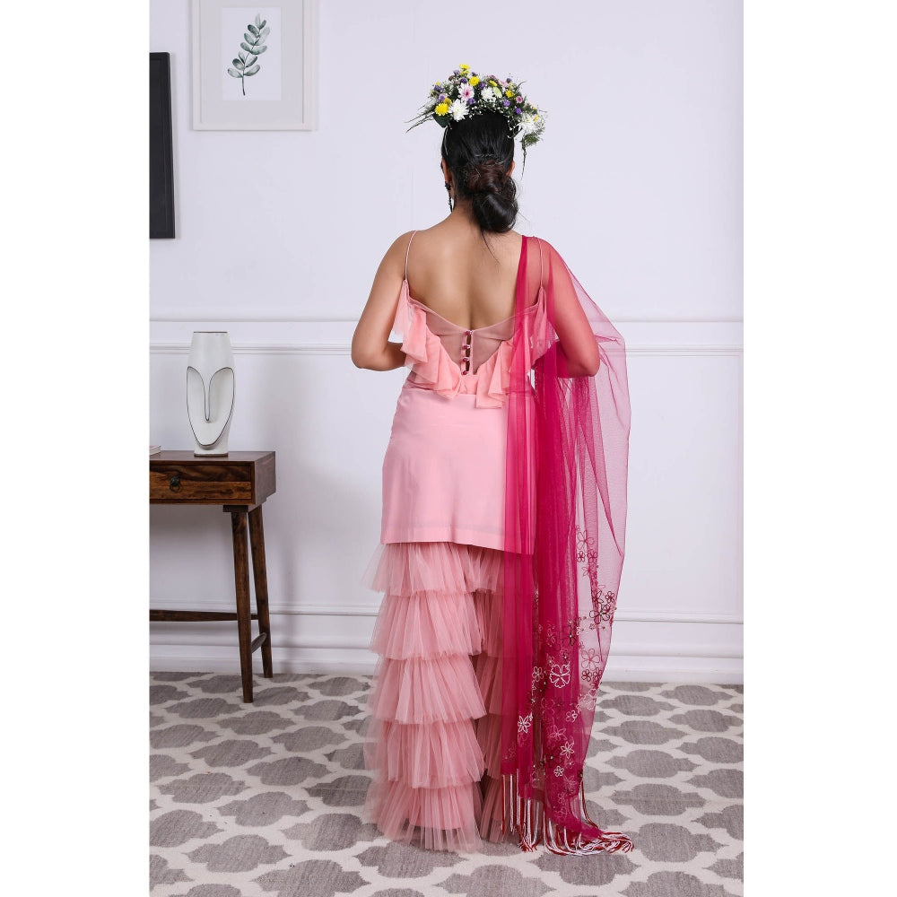 Kiran Kalsi Candy Pink Embellished Kurti with Sharara and Dupatta (Set of 3)