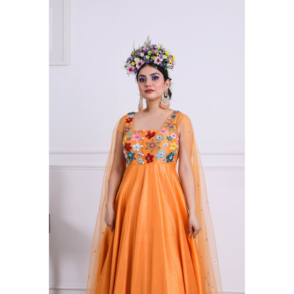 Kiran Kalsi Orange Sequined Maxi Dress (Set of 2)
