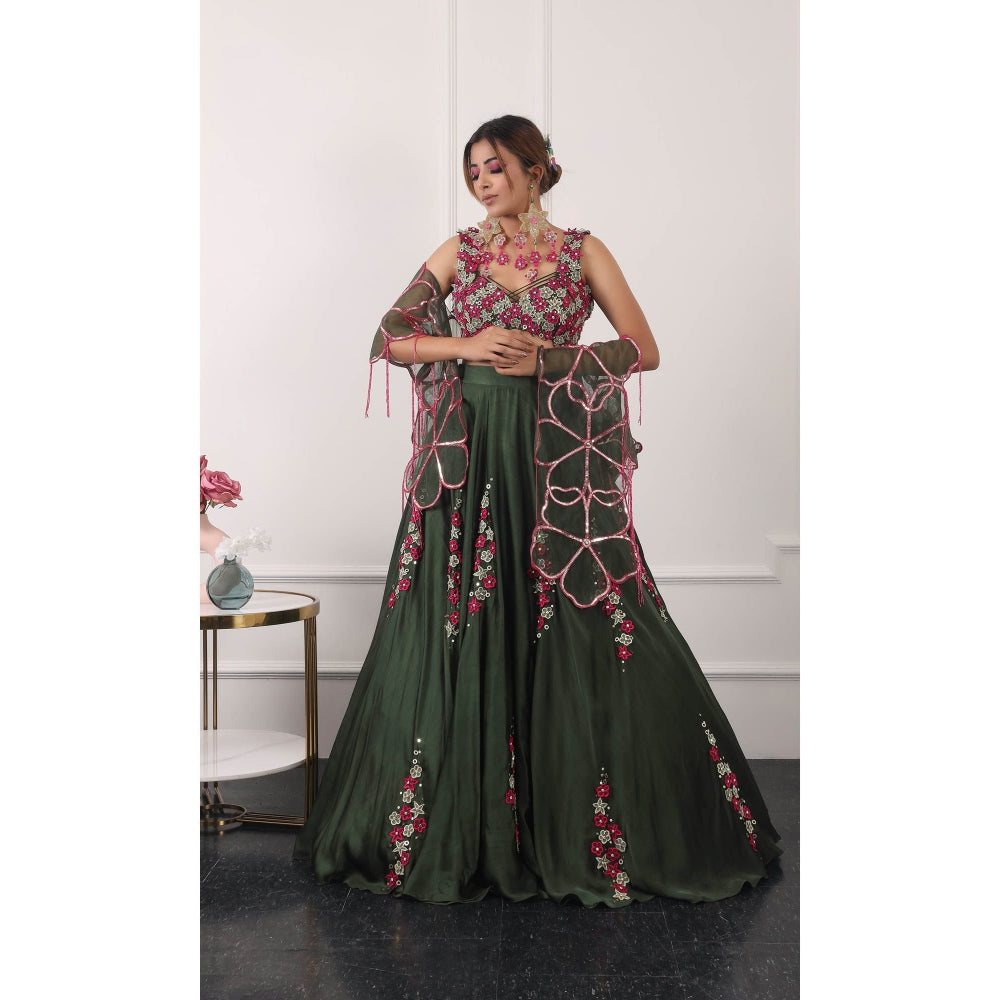Kiran Kalsi Dark Green Embroidered Lehenga with Blouse and Dupatta (Set of 3)