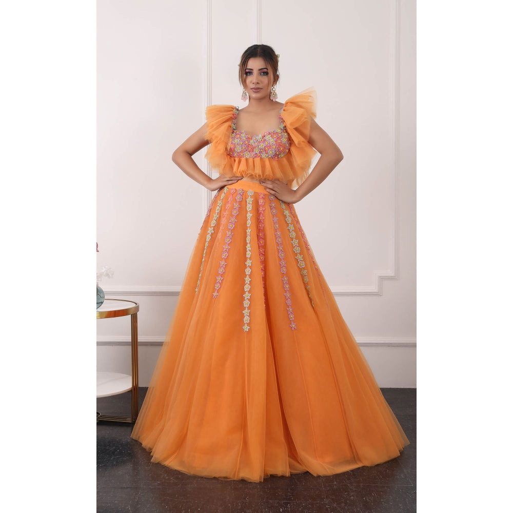 Kiran Kalsi Orange 3D Embroidered Lehenga with Blouse and Dupatta (Set of 3)