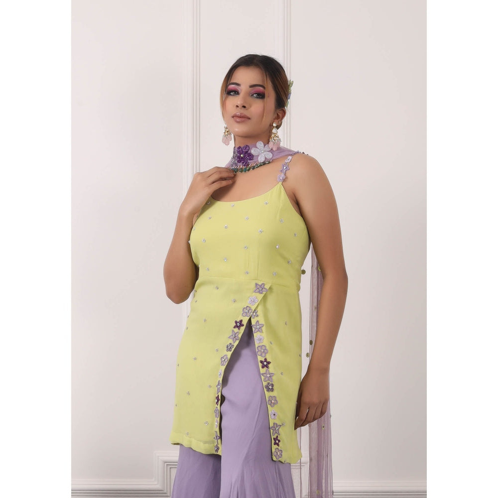 Kiran Kalsi Yellow and Lavender Embroidered Kurti with Sharara and Dupatta (Set of 3)