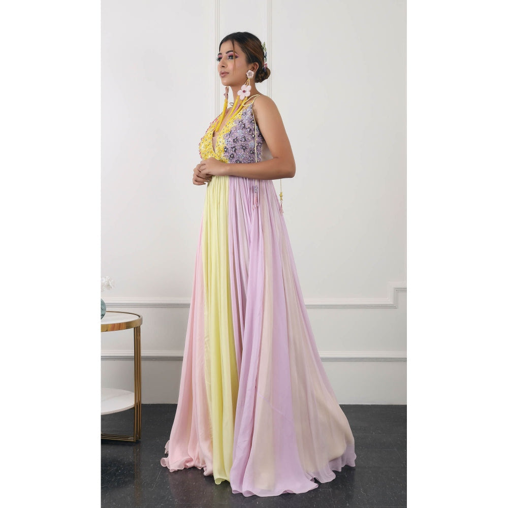 Kiran Kalsi Multi-Color 3D Floral Embroidered Maxi Dress