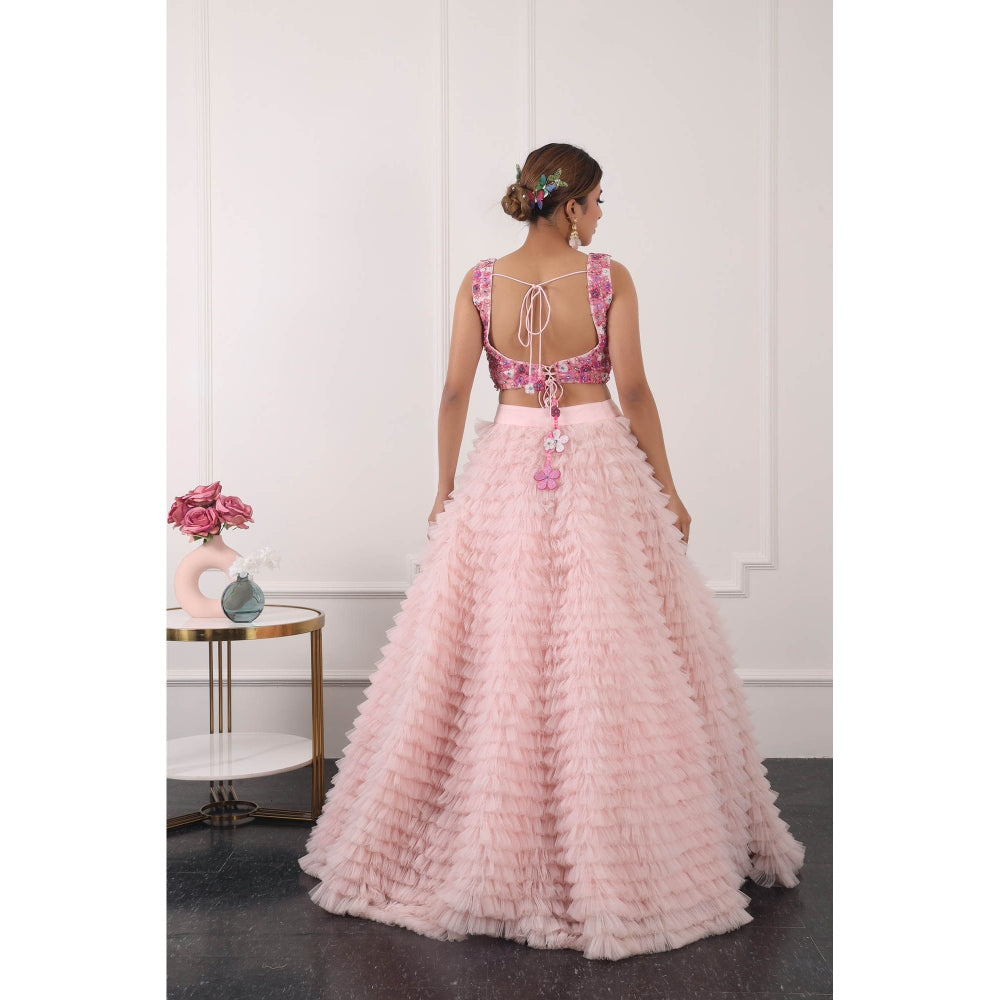 Kiran Kalsi Pink 3D Embroidered Lehenga with Blouse and Dupatta (Set of 3)