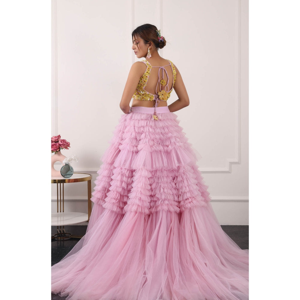 Kiran Kalsi Women Pink 3D Embroidered Lehenga with Blouse and Dupatta (Set of 3)