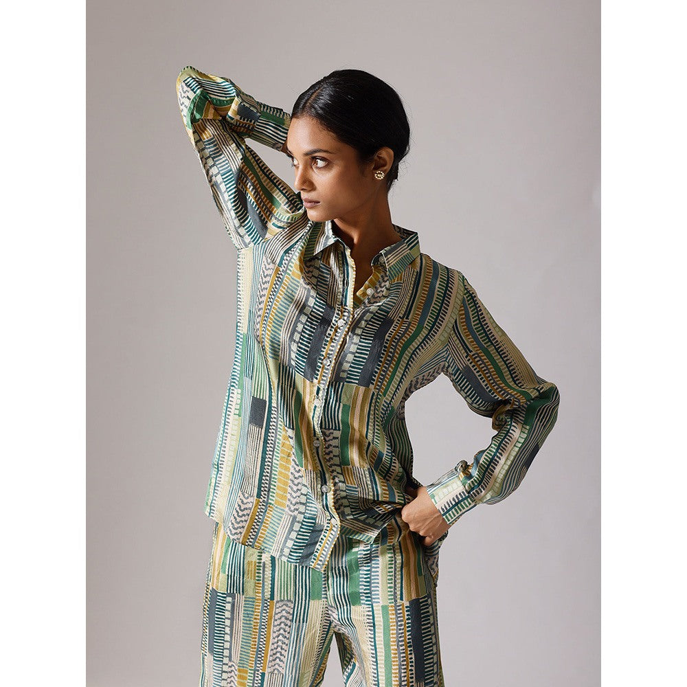 Klad Geometric Green Collar Neck Elastic Co-Ord (Set of 2)