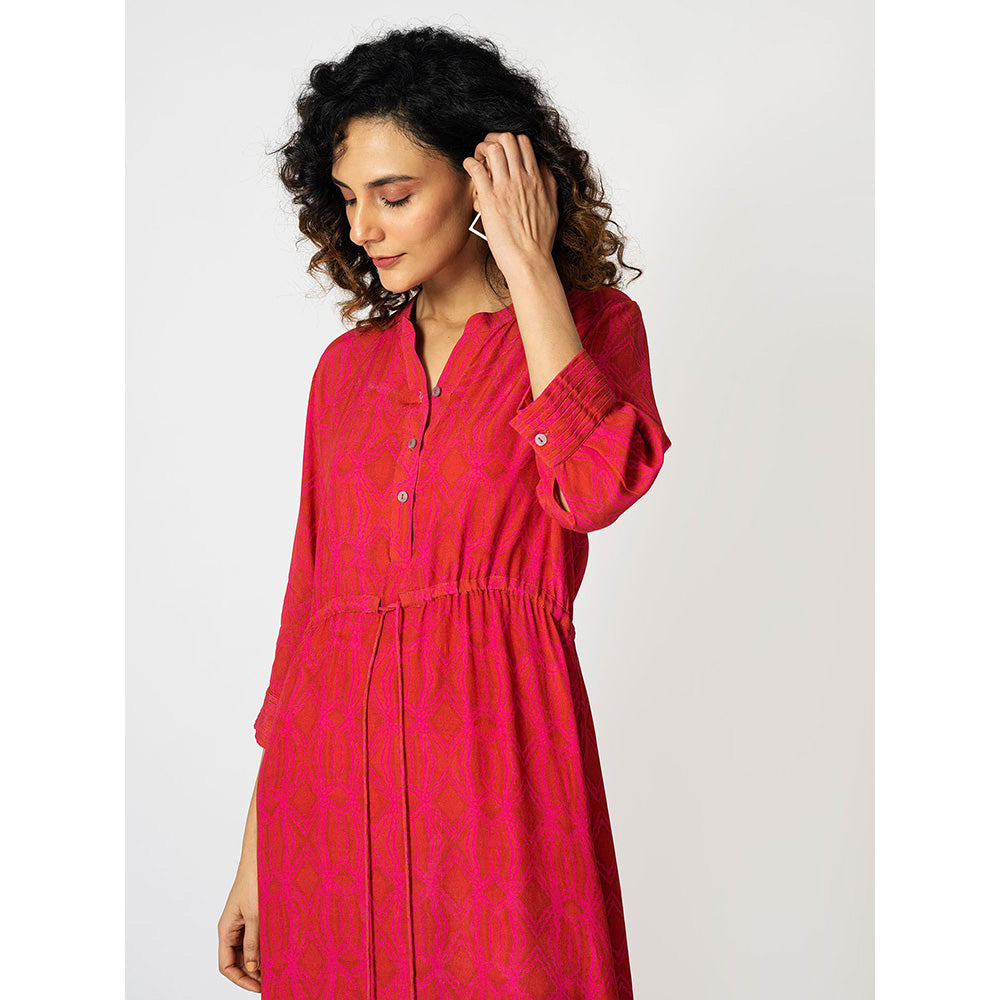 Klad Rhombus Pink Drawstring Mandarin Neck Dress