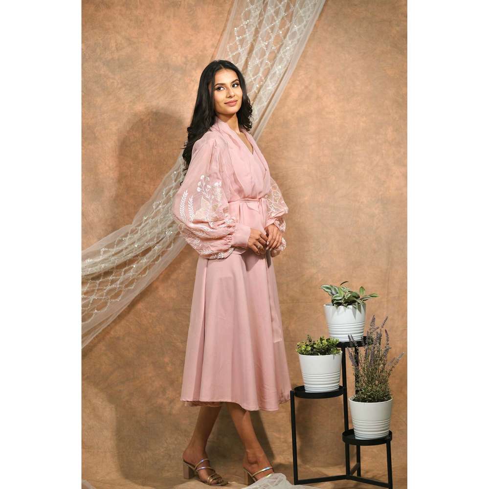 Kosha By Nilima Bloomed Peach Jacket with Dress and Belt (Set of 3)