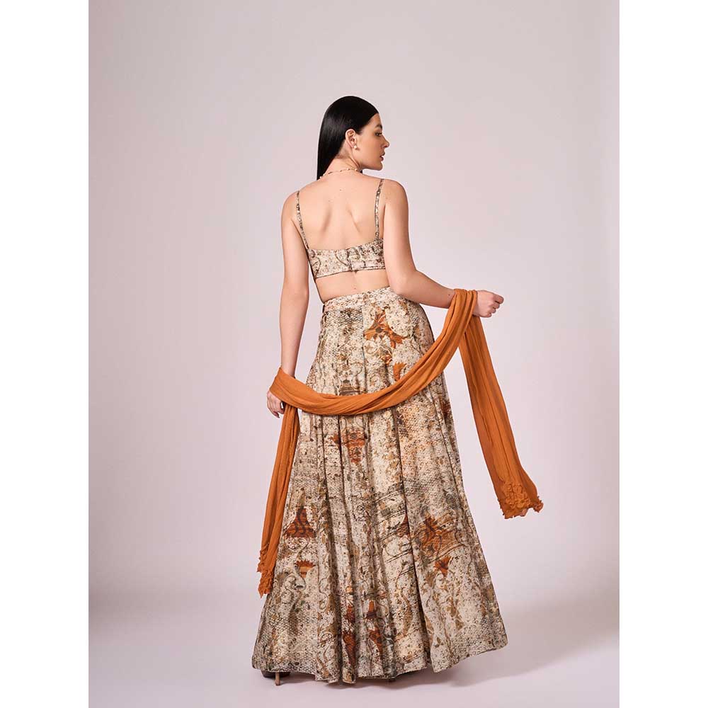 KOSWI Browns Abstract Print Lehenga with Blouse and Dupatta (Set of 3)