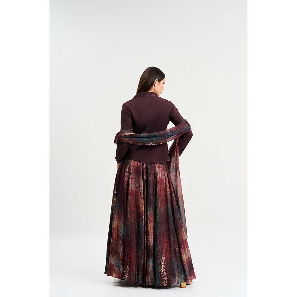 KOSWI Maroon Print Lehenga with Top and Dupatta (Set of 3)
