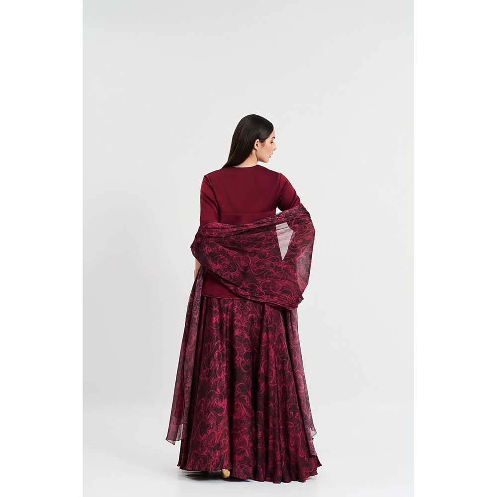 KOSWI Maroon Cherry Print Lehenga with Top and Dupatta (Set of 3)