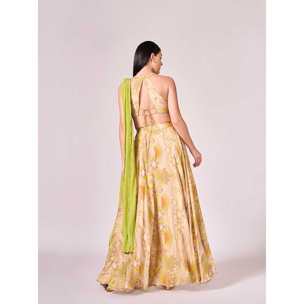 KOSWI Yellow Geometric Print Lehenga with Blouse and Dupatta (Set of 3)