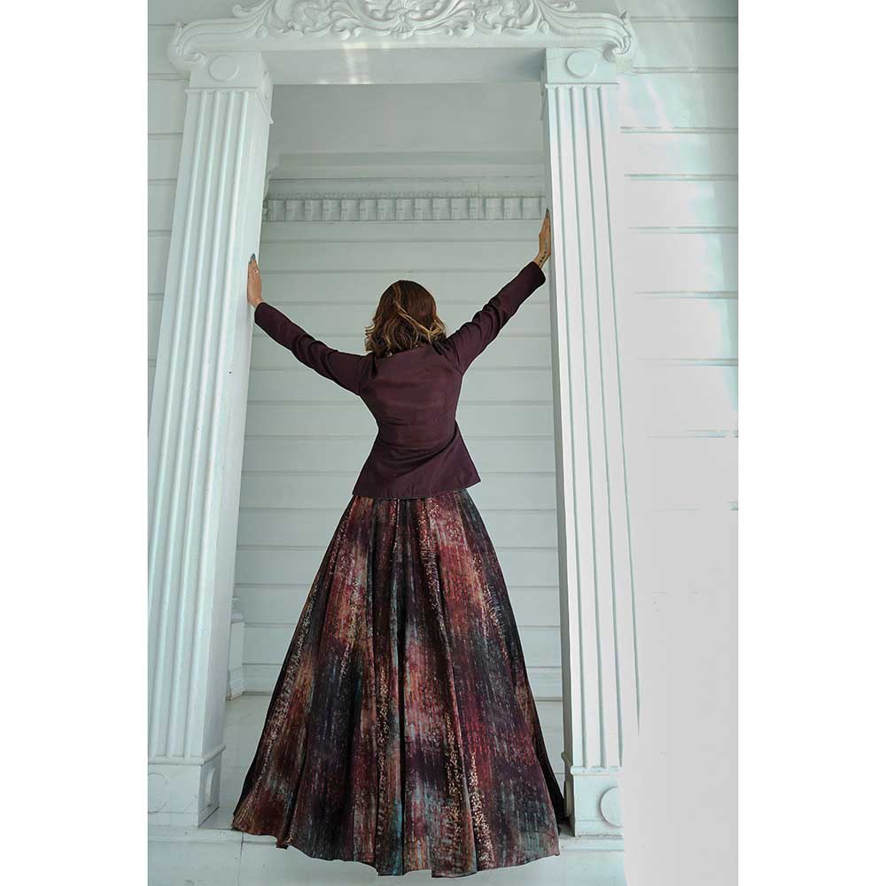 KOSWI Brown Print Embroidered Lehenga with Top and Dupatta (Set of 3)