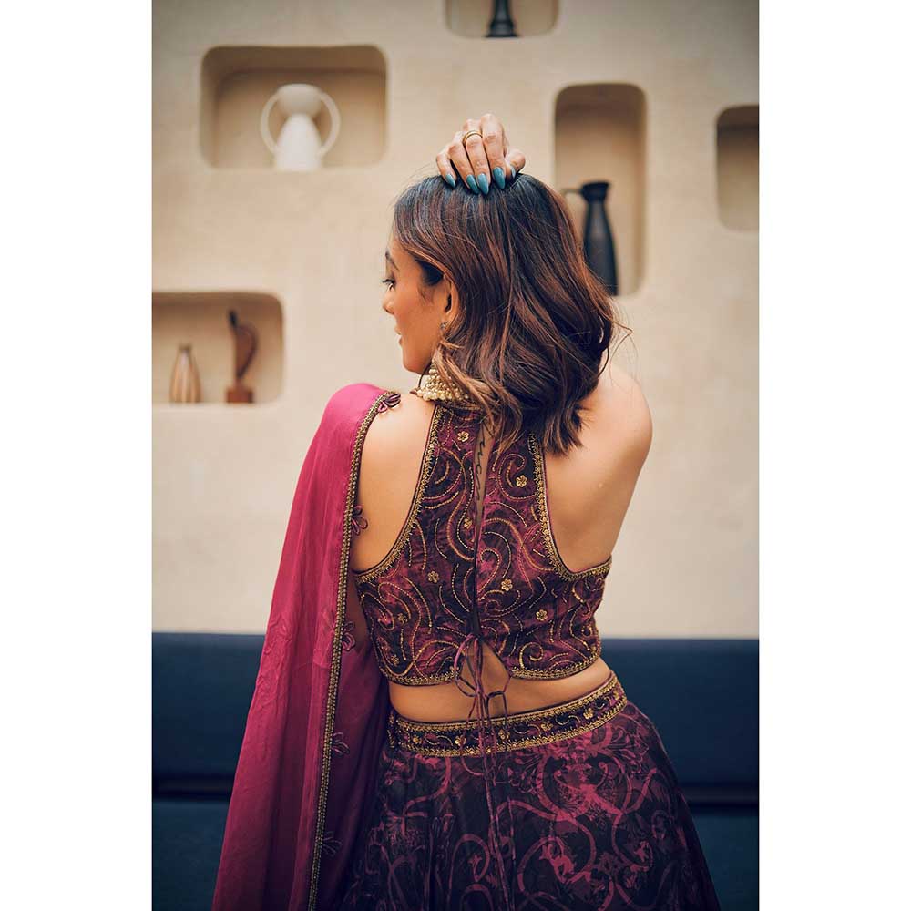 KOSWI Pink Cherry Print Embroidered Lehenga with Blouse and Dupatta (Set of 3)