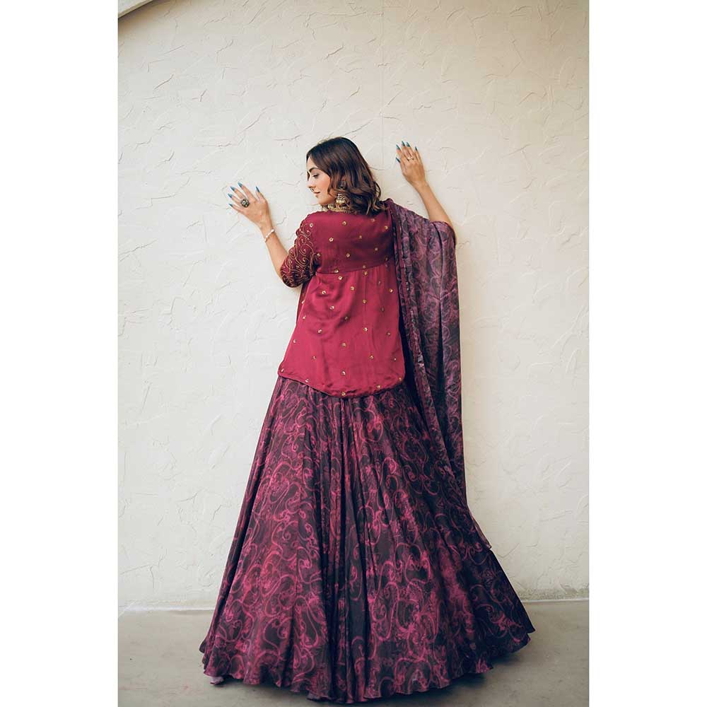 KOSWI Pink Cherry Print Embroidered Lehenga with Top and Dupatta (Set of 3)