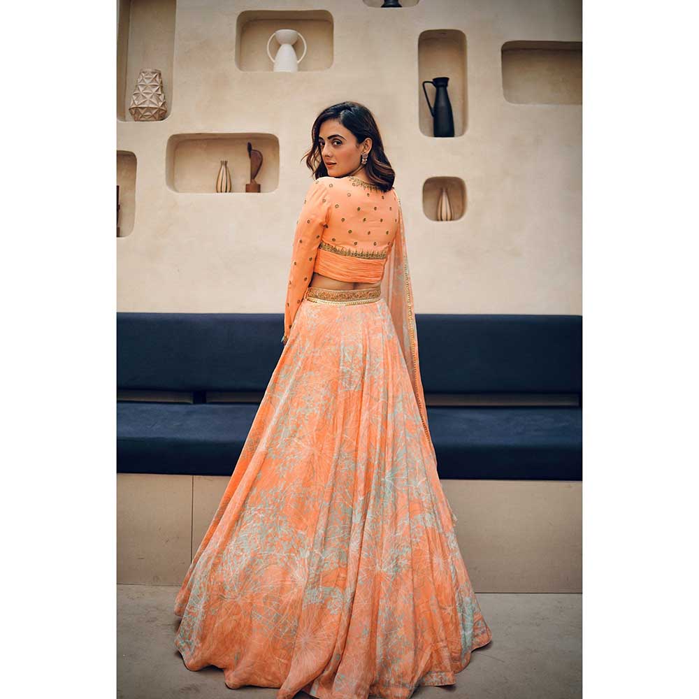 KOSWI Peach Print Embroidered Lehenga with Blouse and Dupatta (Set of 3)