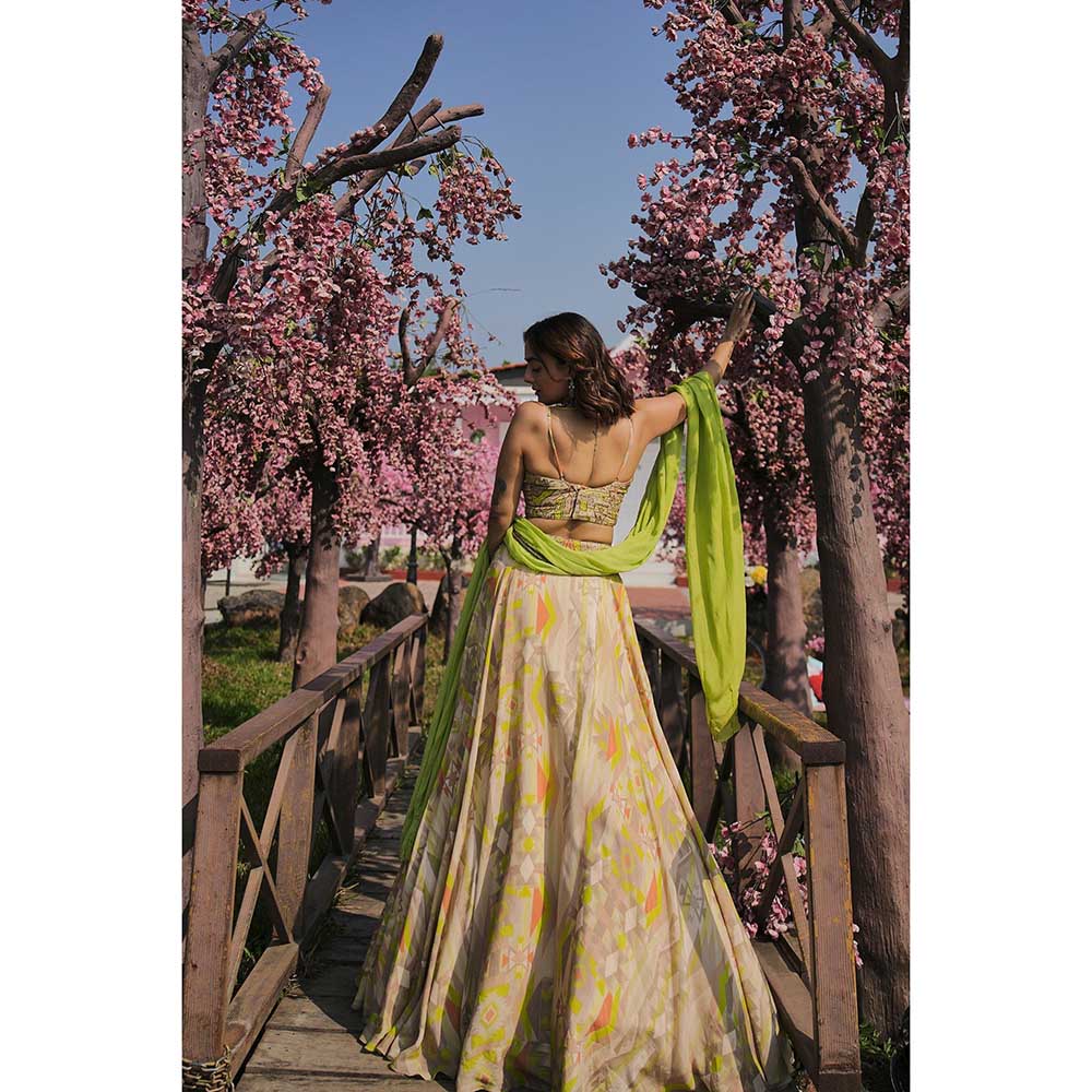 KOSWI Lime Green Embroidered Print Lehenga with Blouse and Dupatta (Set of 3)