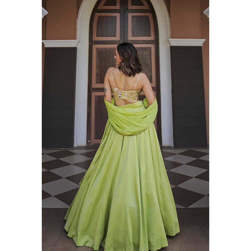 KOSWI Lime Green Embroidered Print Lehenga with Blouse and Dupatta (Set of 3)