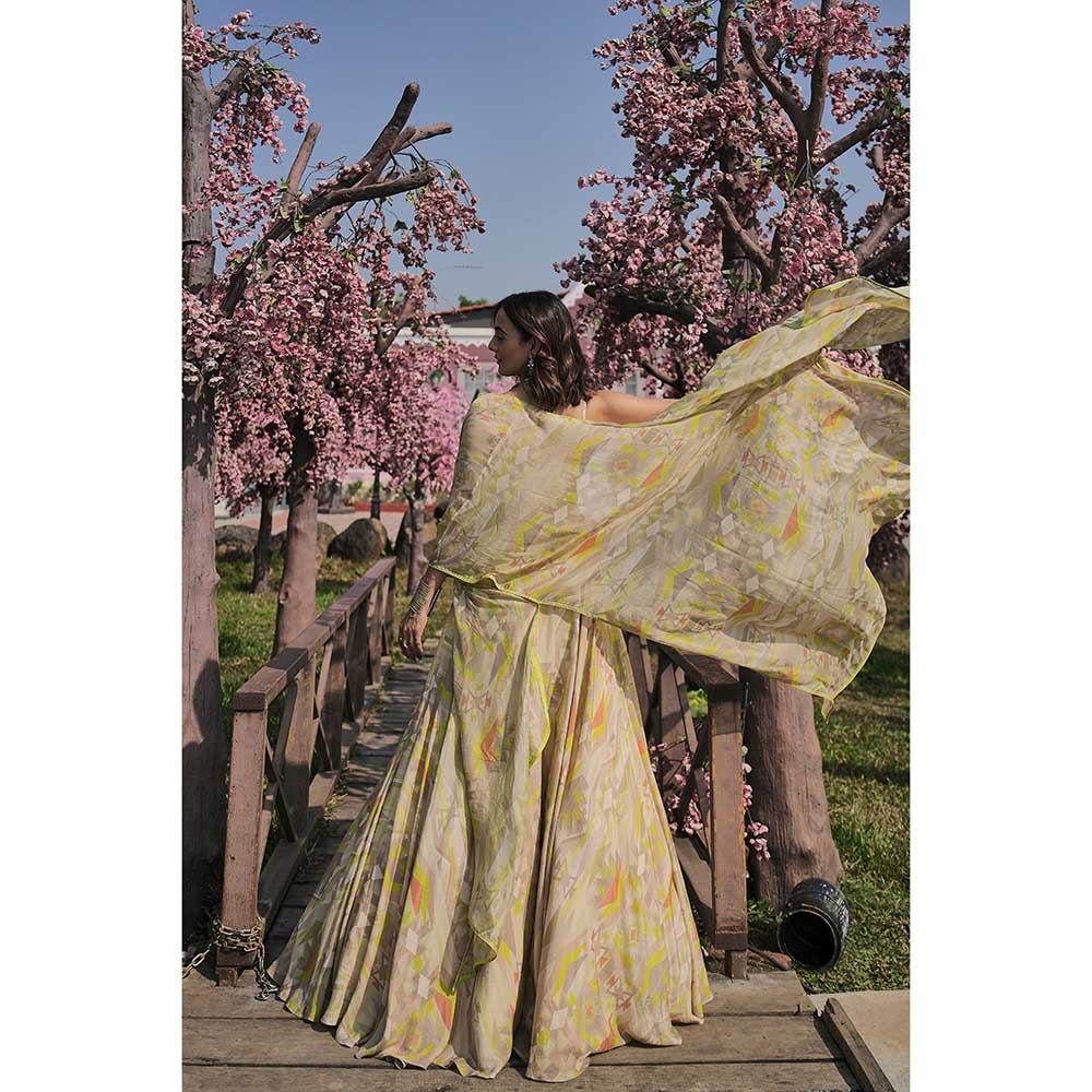 KOSWI Lime Green Embroidered Print Lehenga with Blouse and Cape (Set of 3)