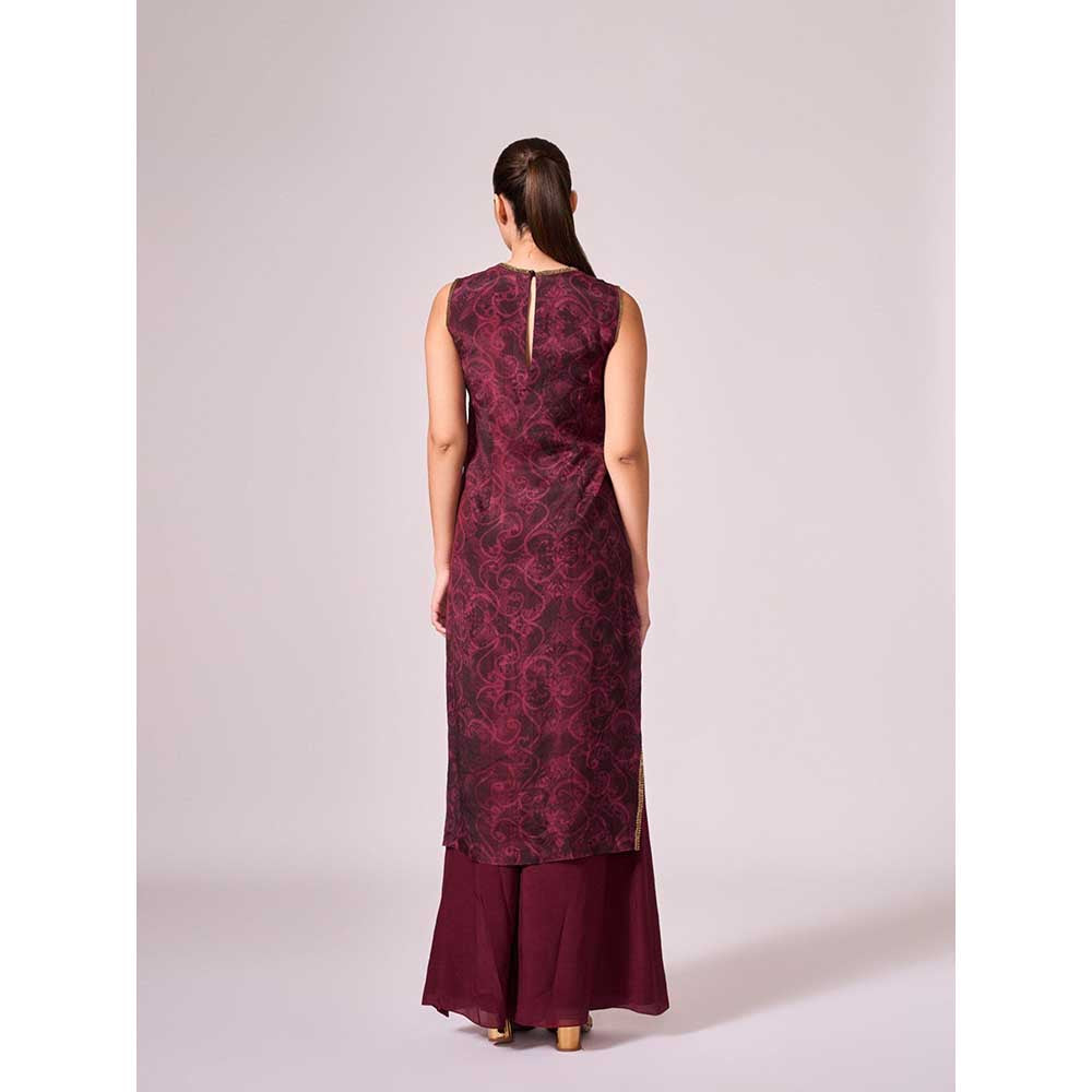 KOSWI Burgundy Cherry Abstract Print Kurta with Palazzo (Set of 2)