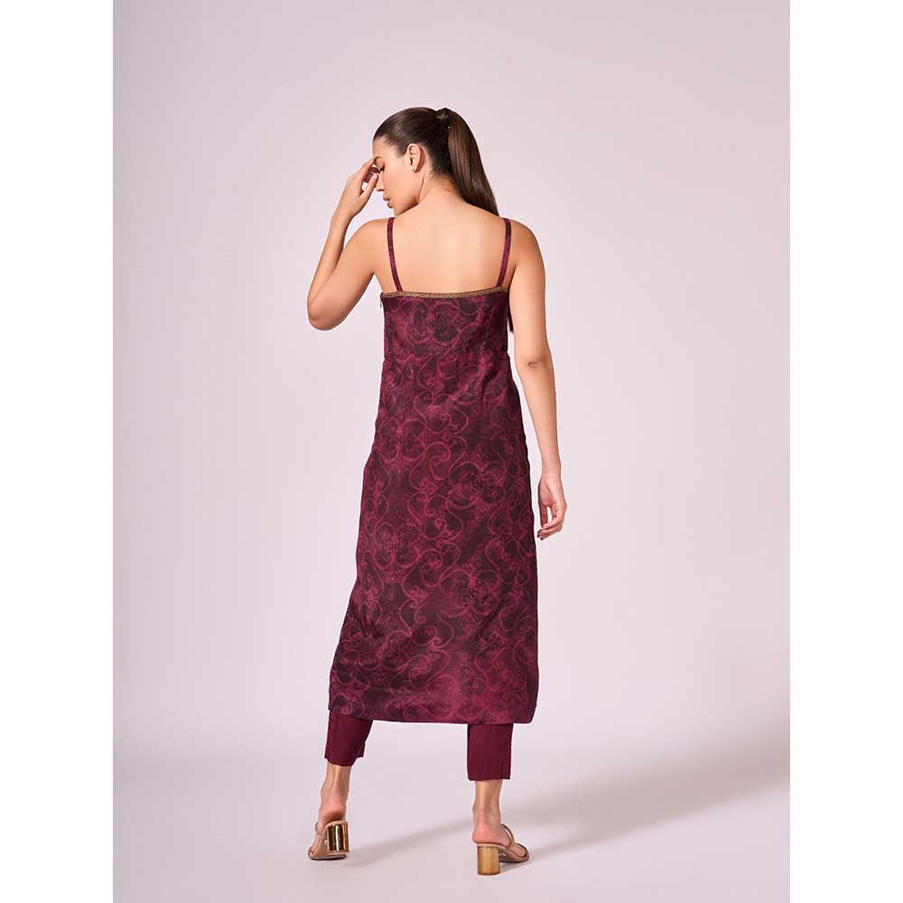KOSWI Burgundy Cherry Abstract Print Kurta with Pant (Set of 2)
