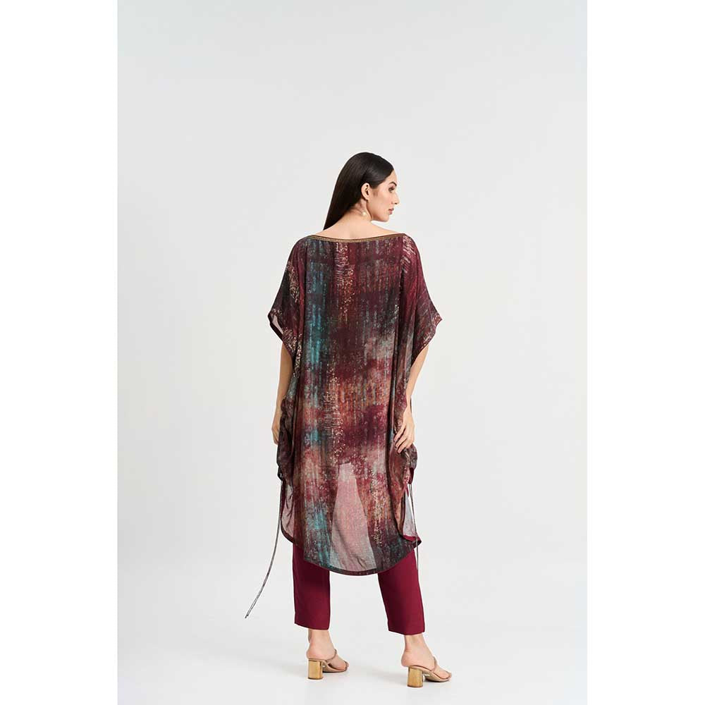 KOSWI Maroon Abstract Print Kaftan with Pant (Set of 2)