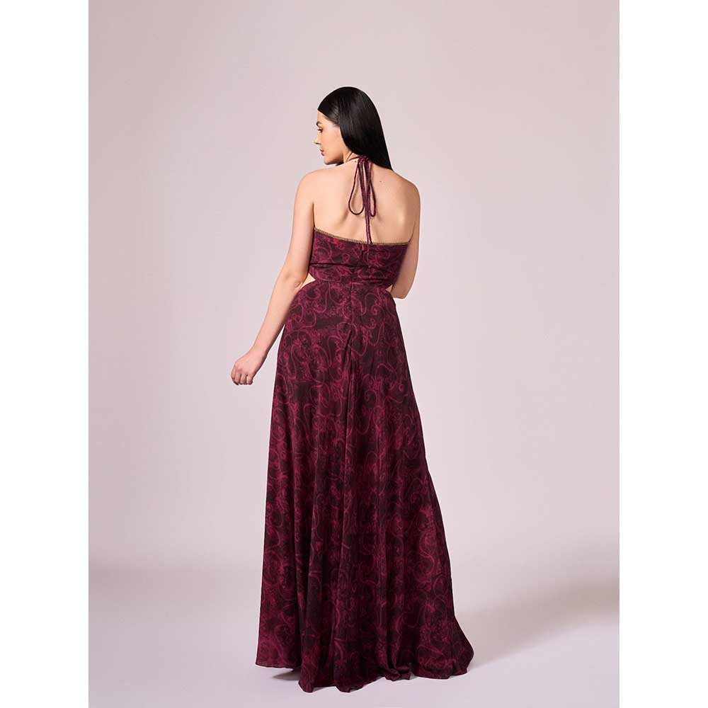 KOSWI Maroon Cherry Floral Print Long Slit Dress