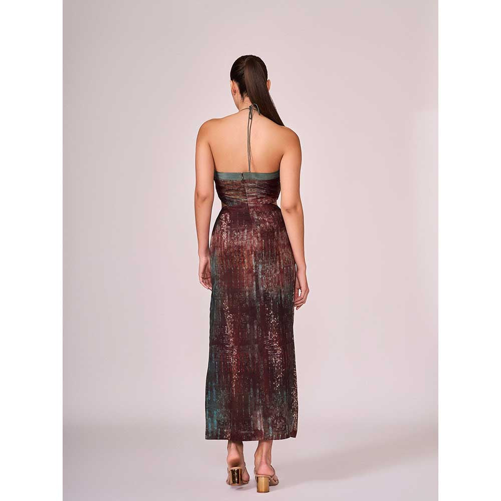 KOSWI Maroon Abstract Print Halter Dress