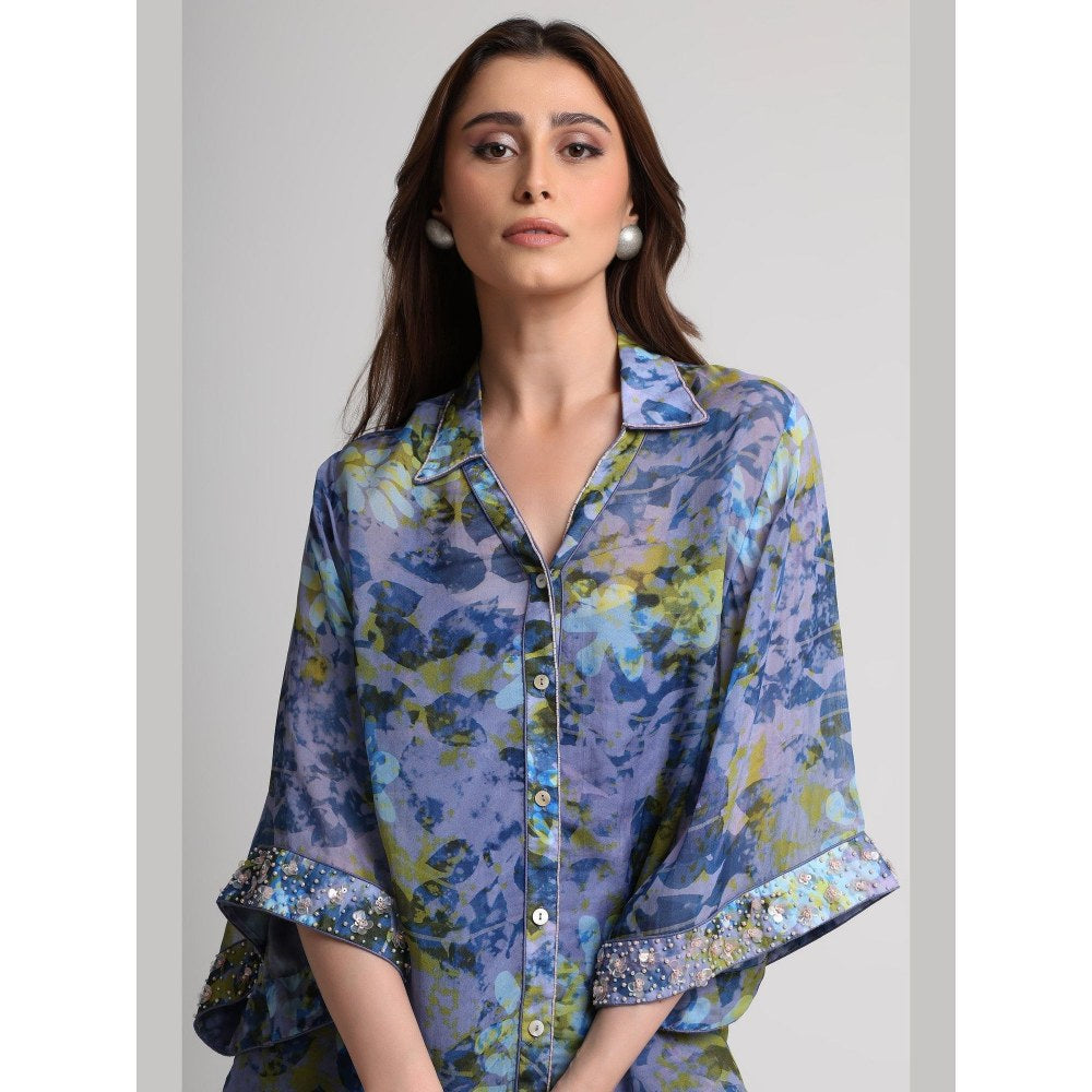 KOSWI Women Blue Viscose Floral Printed Shirt with Pant