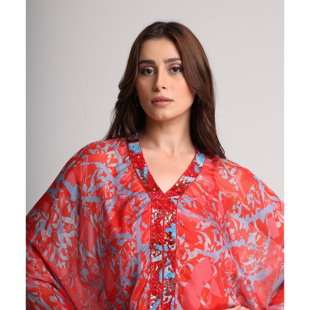 KOSWI Women Red Viscose Embellished Kaftan with Pant
