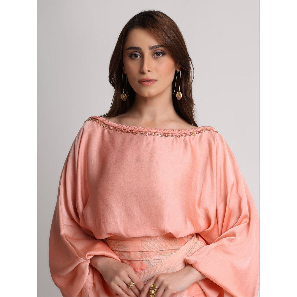 KOSWI Women Peach Viscose Embellished Top with Skirt
