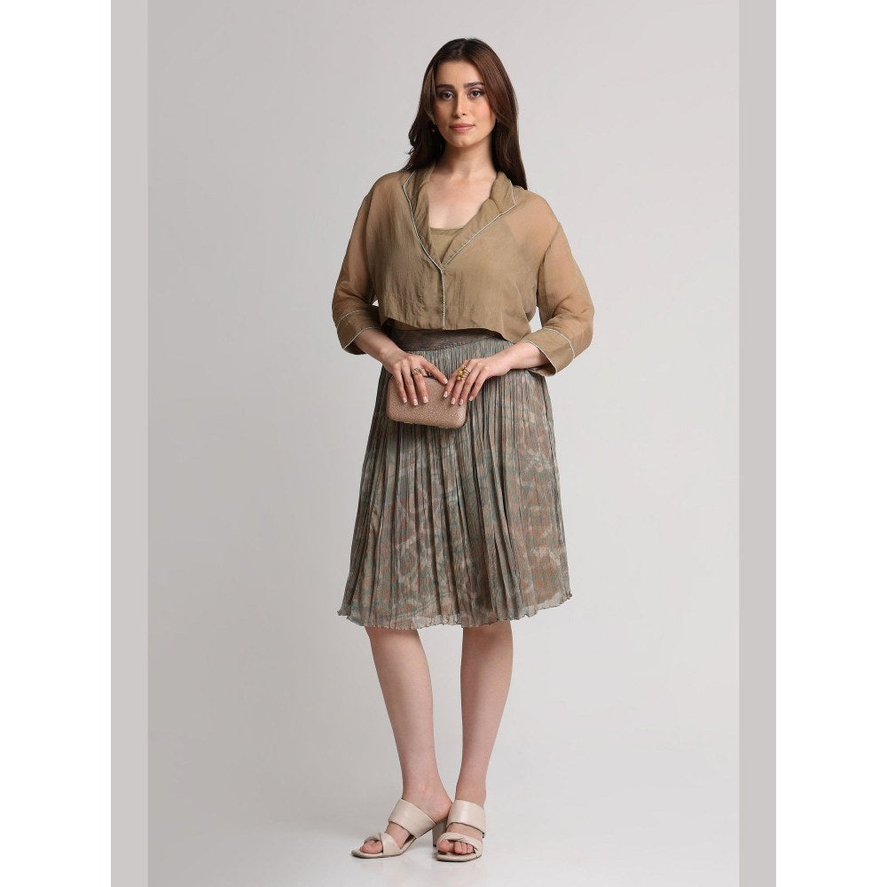KOSWI Women Brown Viscose Solid Shirt with Inner Top and Skirt