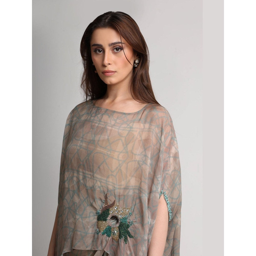 KOSWI Women Beige Viscose Embellished Kaftan with Skirt