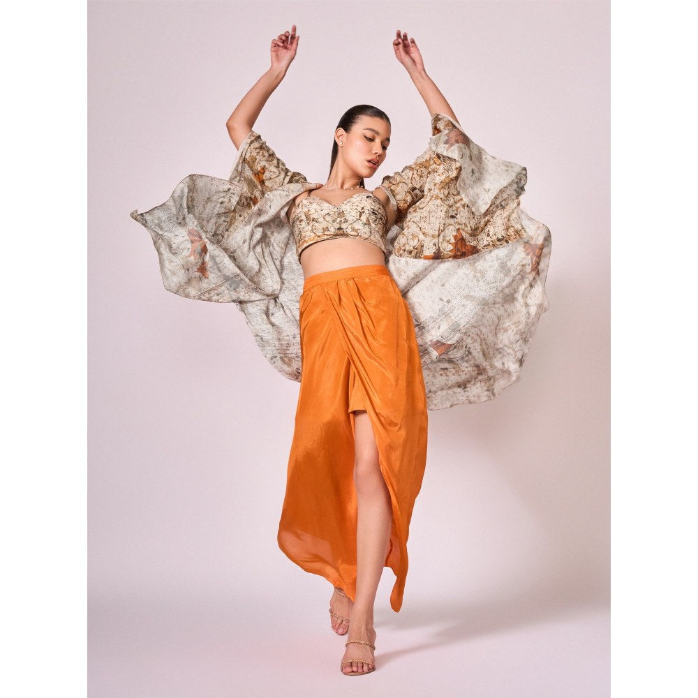 KOSWI Women Brown Cotton Silk Abstract Capes