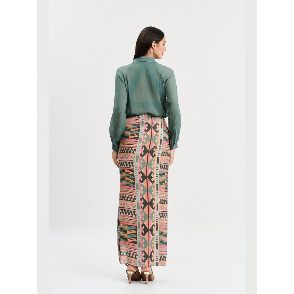 KOSWI Women Green Cotton Silk Solid Shirt with Skirt