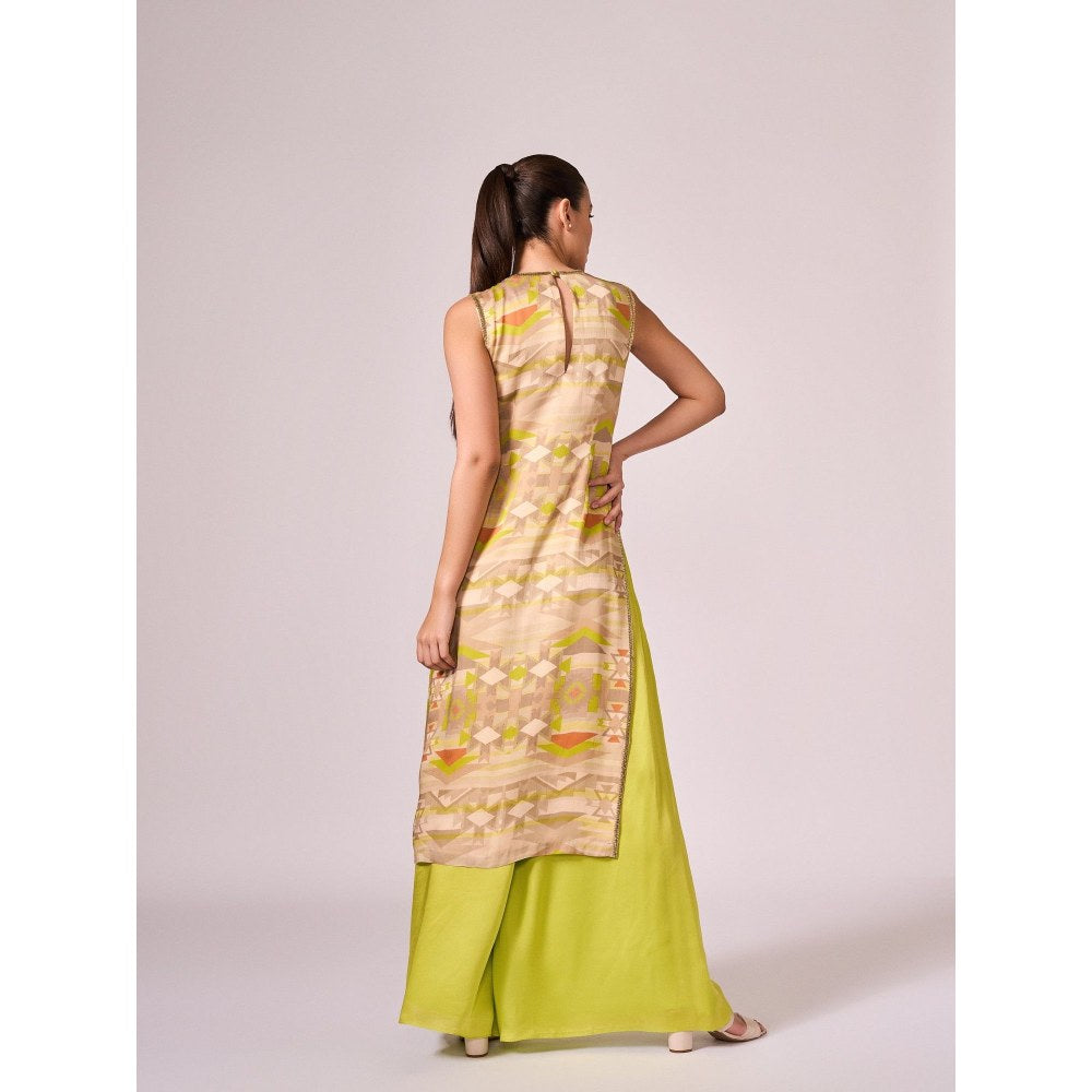 KOSWI Women Taupe Cotton Silk Geometric Kurta with Palazzo