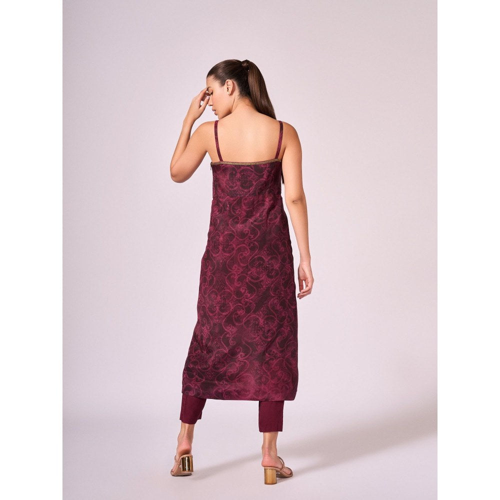 KOSWI Women Wine Cotton Silk Abstract Kurta with Pant