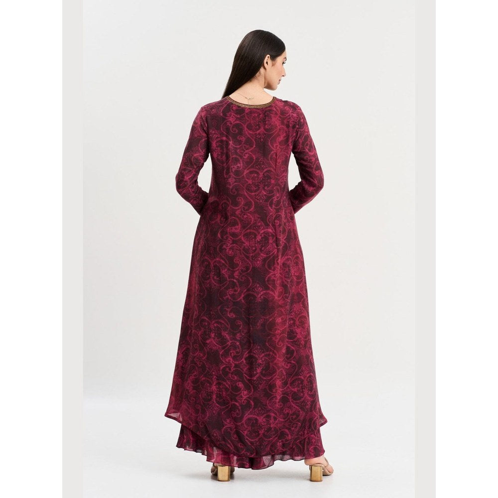 KOSWI Women Wine Cotton Silk Abstract Kurta with Palazzo