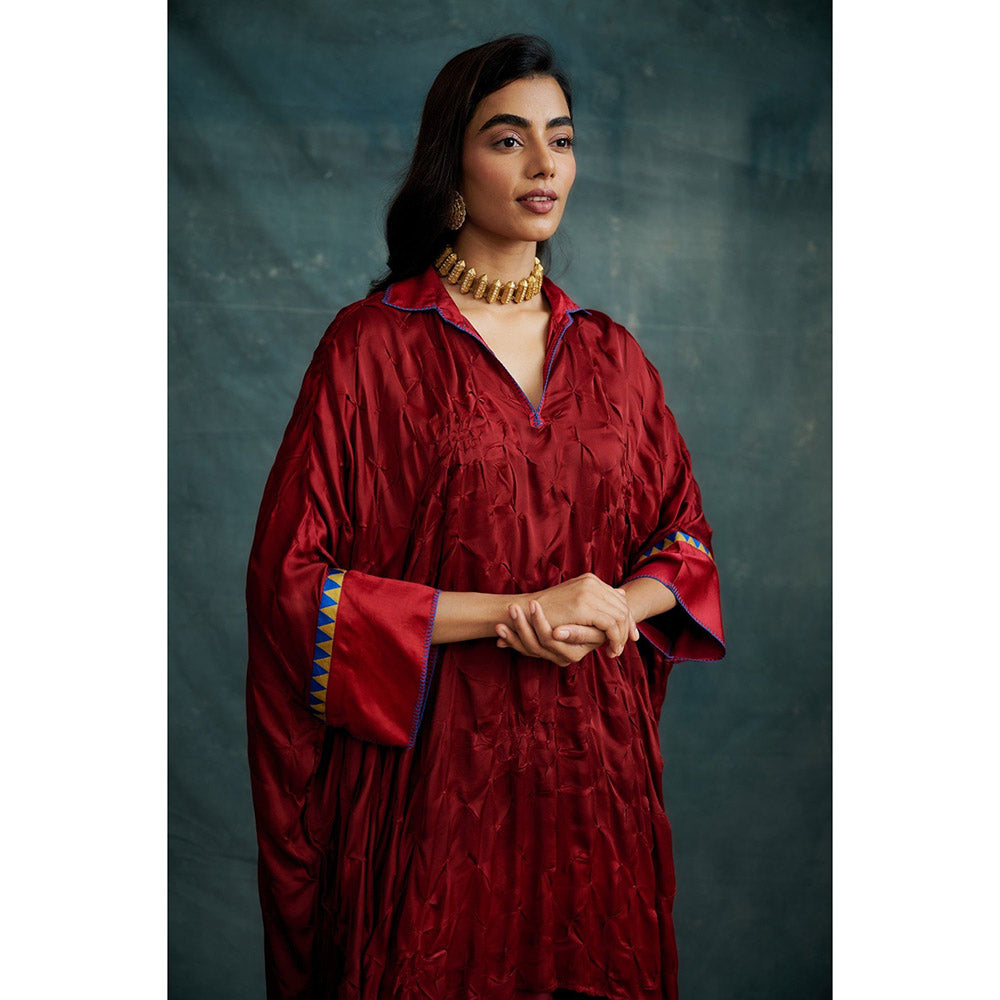Krishna Mehta Red Knotted Bandhej Embroidered Kaftan and Skirt (Set of 2)