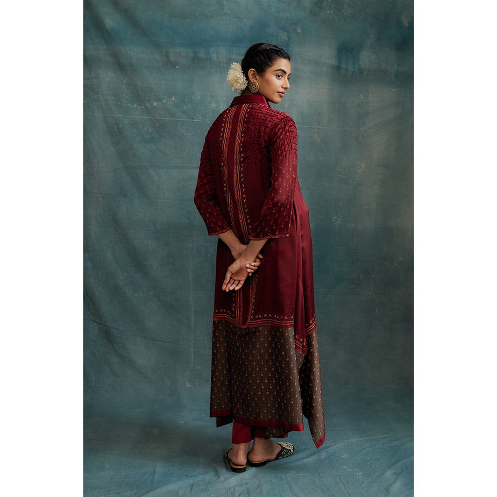 Krishna Mehta Maroon Block Print Collar Neck Kurta