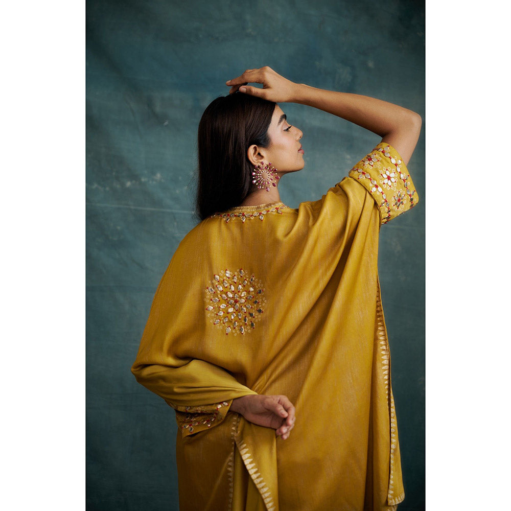 Krishna Mehta Mustard Gota Embroidered Kaftan and Skirt (Set of 2)