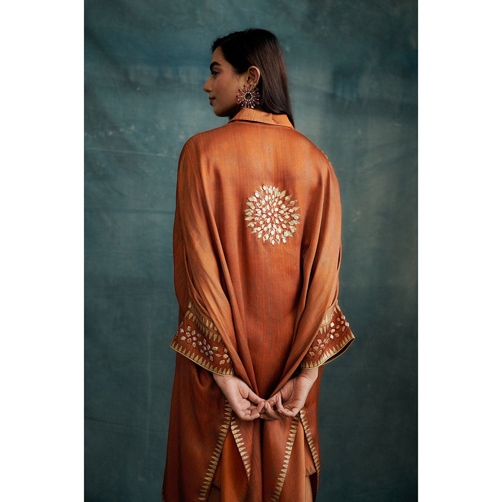 Krishna Mehta Brown Gota Embroidered Kaftan and Skirt (Set of 2)