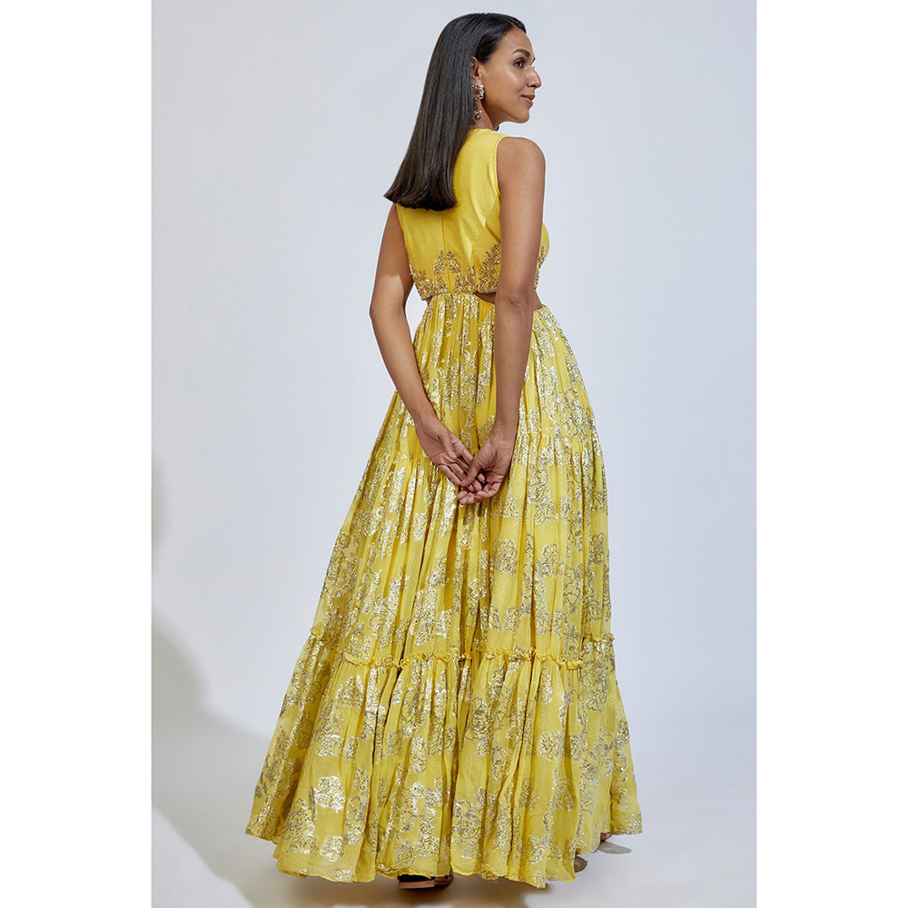 Kriti Bapna Yellow Tiered Anarkali with Hand painted Dupatta (Set of 2)