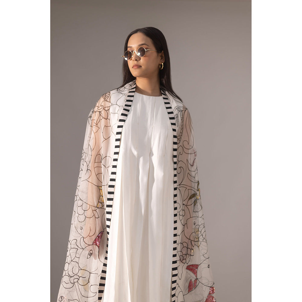 Kriti Bapna White Pleated Hand Painted Kurta with Pant and Dupatta (Set of 3)