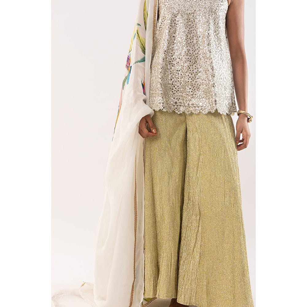 Kriti Bapna White Mirror Top with Palazzo and Dupatta (Set of 3)