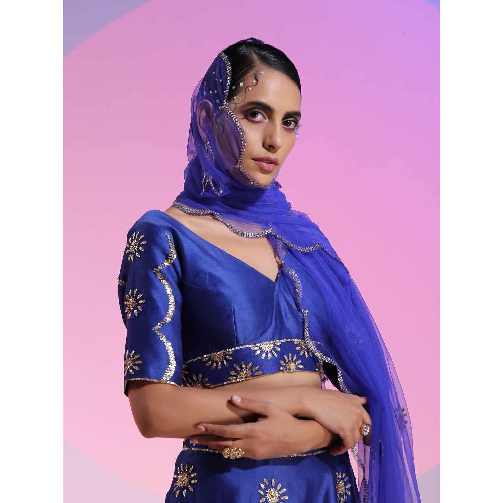 Kudi Pataka Designs Anaar Blue Classic Lehenga With Choli & Dupatta (Set of 3)
